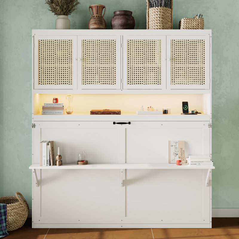 Lit escamotable simple avec armoire supérieure, lit pliable peu encombrant avec lumière et USB, blanc, White