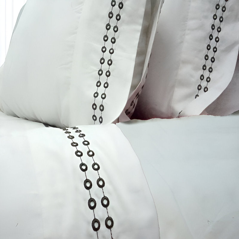 400TC Sateen Solid Cotton Dot Embroidered Cotton 4 Piece Sheet Set Fitted Sheet Fits Upto 16" Deep Pocket, Full Sheet Set