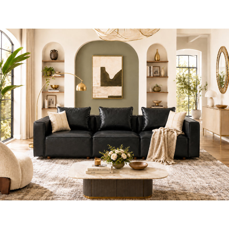 118.5” Leather Upholstered Oversized Seating Sofa With Reversible Cushions, Black