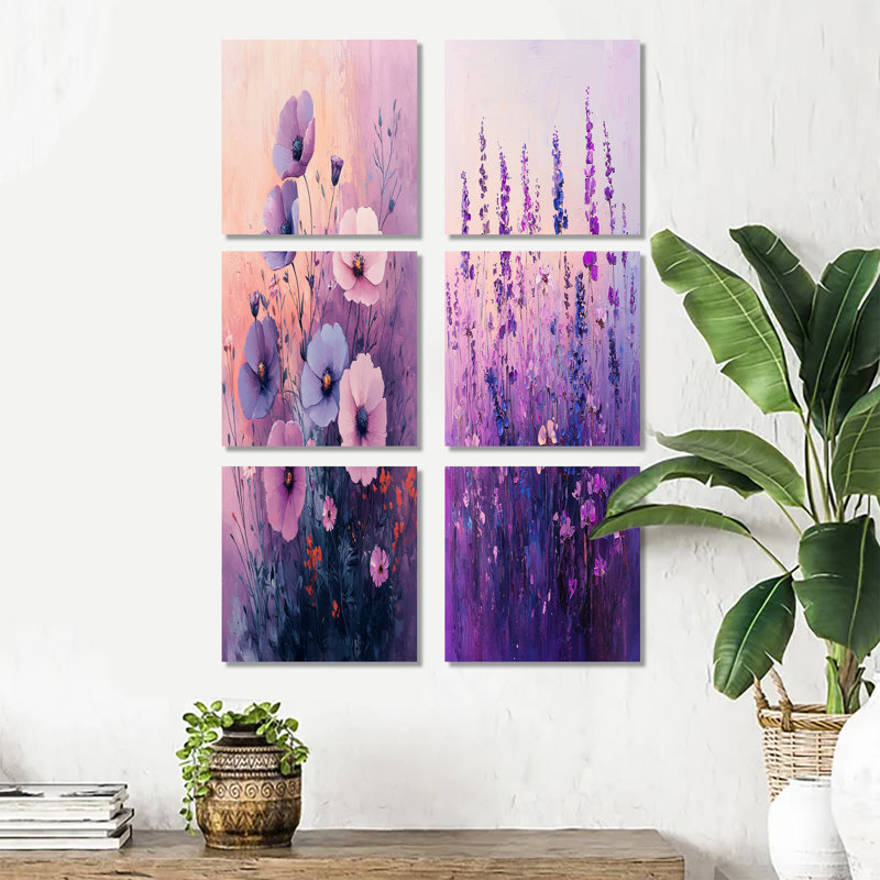 Wildflower Dreams In Violet surréalisme - ensemble de 6 décorations murales florales, Toile tendue, Ne s’applique pas