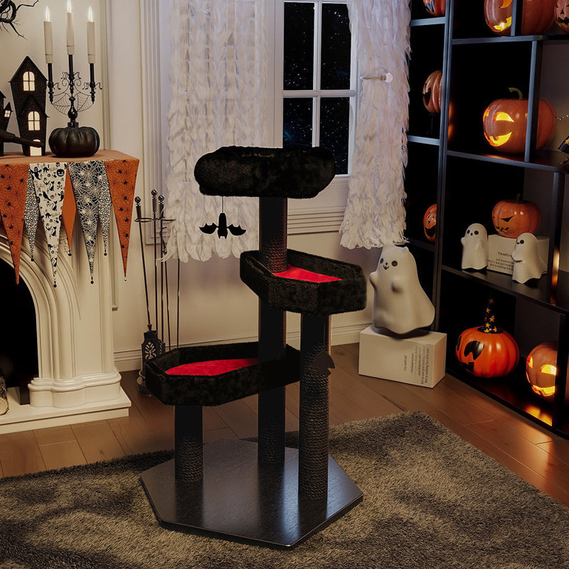 40.9" Gothic Cat Tree With Coffin Bed, With Soft Cushion, Halloween Spooky Cat Condo With Sisal Scratching Posts, Red