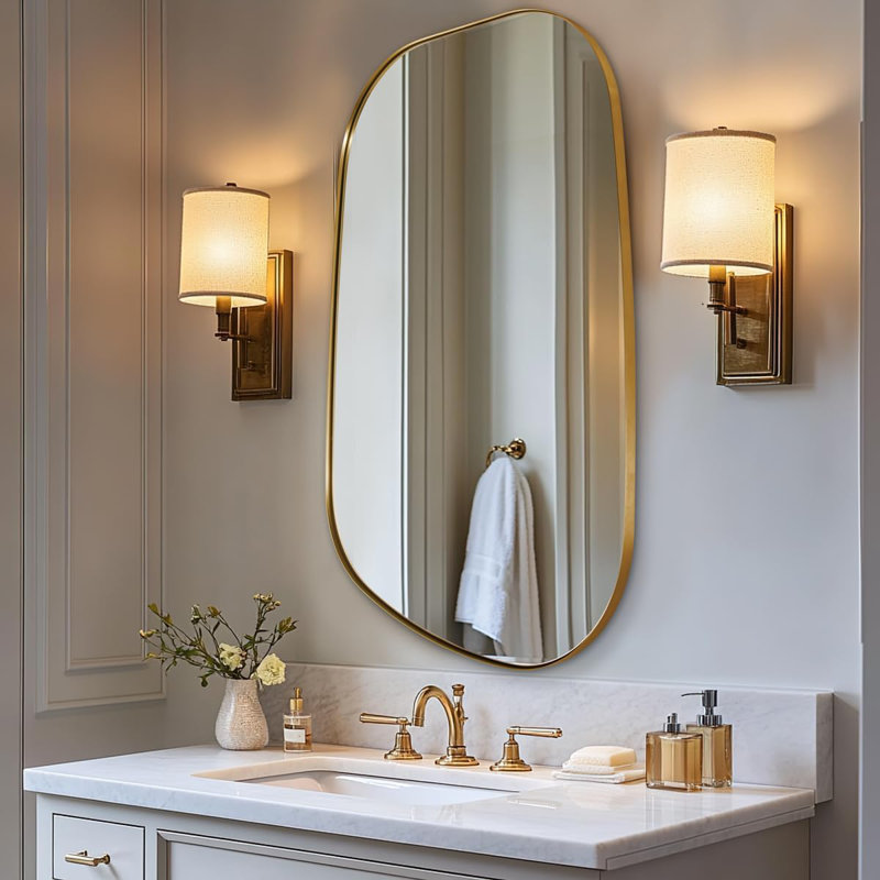 Huldrik Asymmetrical Irregular Bathroom Vanity Mirror | Stainless Steel Frame, Brushed Gold, 48" x 30"