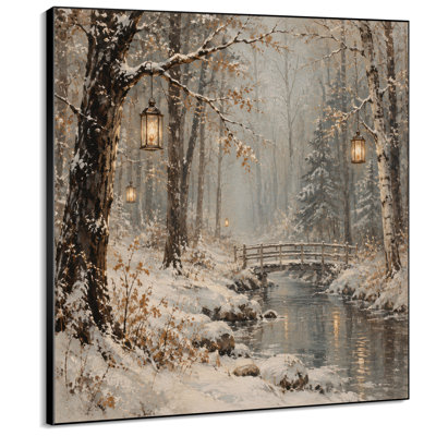 Très grande reproduction d'art sur toile - Snowy Forest Creek avec lanternes lumineuses suspendues pour le salon ou la chambre à coucher - «Assemblage requis du cadre (cadre non fini)»