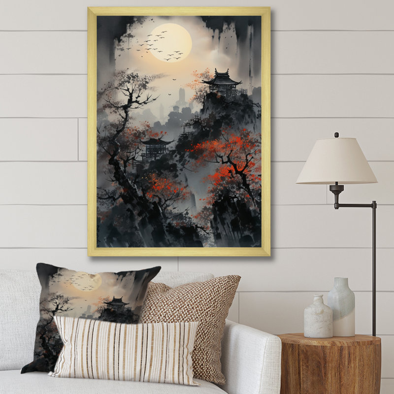 Fabens Red Moonset Raven Cry Japon II, H 20 po x l 12 po x P 1 po, Encadrement doré