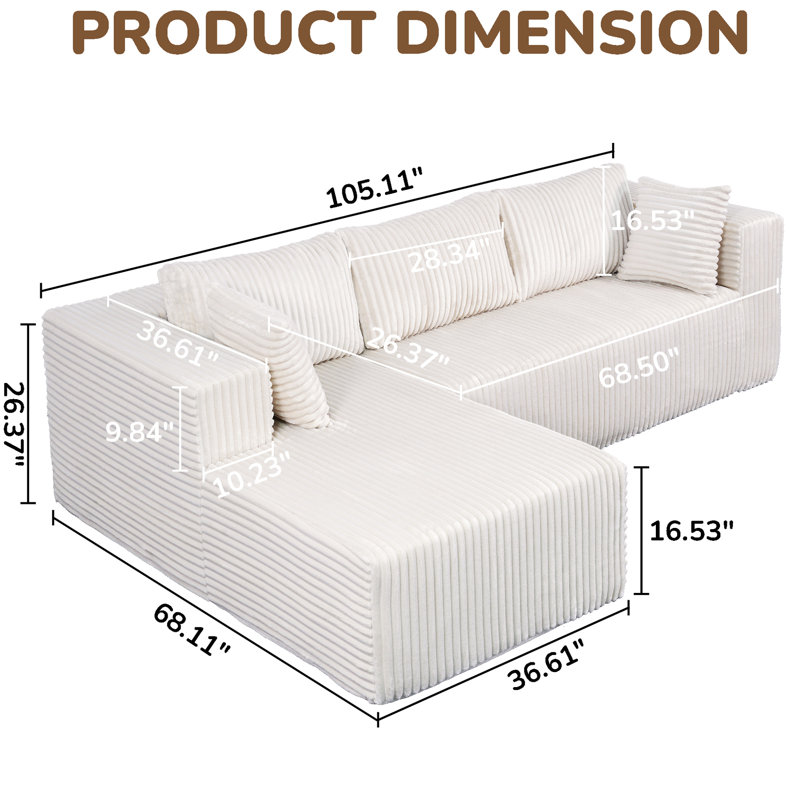 Corduroy Upholstery 105" Modular L-Shaped Memory Foam , Space In Compact Living Areas, Spring- And Static- Design, Comfortable All Comfort, Deformation, Vacuum For Convenient Storage, Easy To