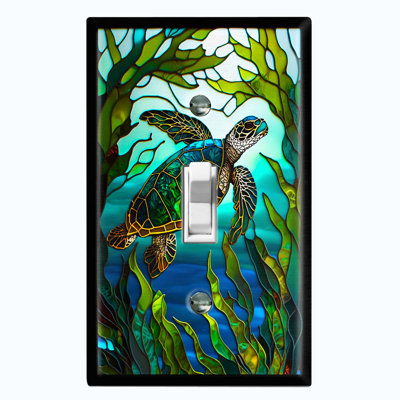 Metal Light Switch Plate Outlet Cover (Cute Turtle Glass Art Print - Single Toggle)