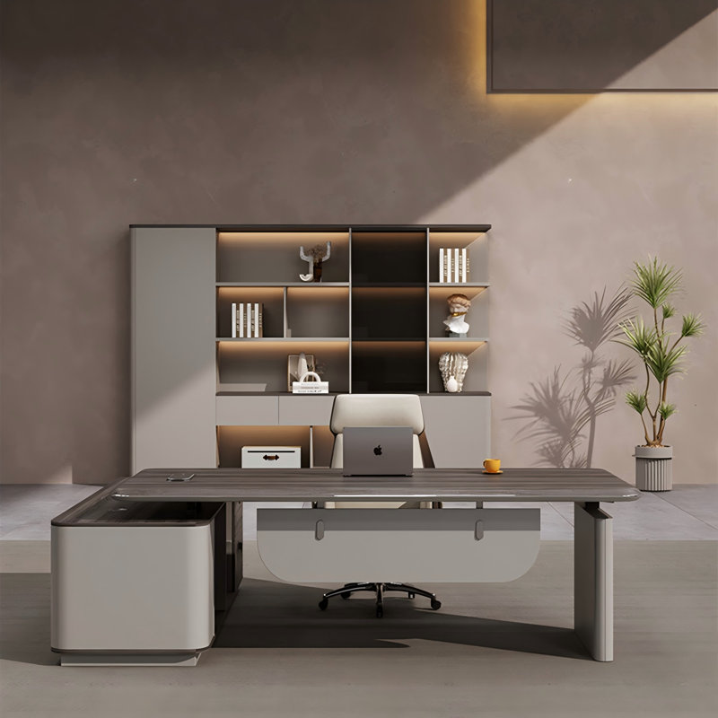 78.74"Modern Luxury L-Shaped Brown Office Desk, 29.53" H x 102.36" W x 34.65" D