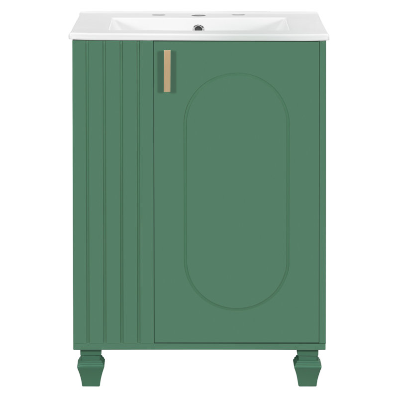 Meuble-lavabo 24 po avec lavabo, armoire de salle de bain avec tablette de porte, rangement latéral ouvert, structure en bois massif, porte à fermeture douce, vert