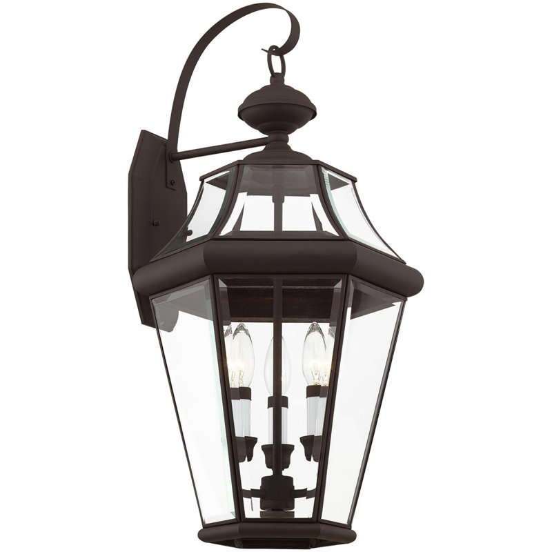 12.5in 3 Light Outdoor Wall Lantern Pendant - Clear Beveled Glass Shade, Bronze