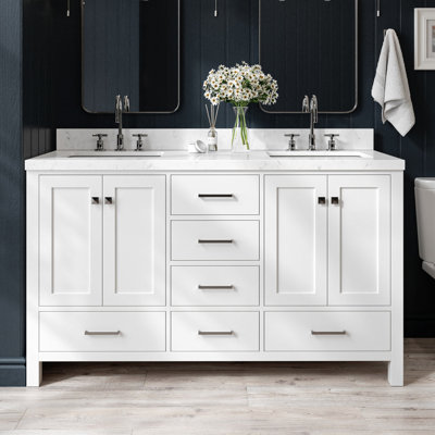 Meuble-lavabo double 60 po en bois massif avec plateau en quartz blanc Carrara de 1,5 po Cambridge