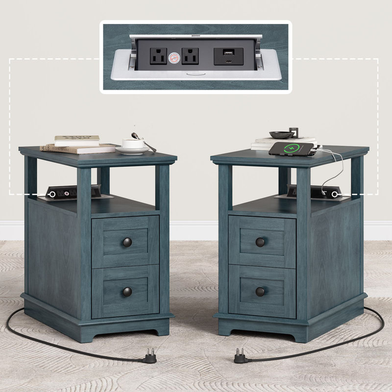 2 Drawers End Tables with Storage and Fast Charging Station for Living Room, Blue