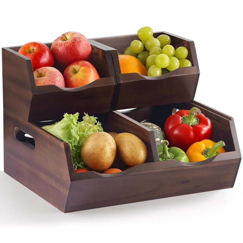 Bacs de rangement en bois d'acacia et garde-manger, paniers de cuisine empilables à ouverture ouverte avec évent pour la pomme de terre, l'oignon, les fruits, les légumes et le pain, noyer