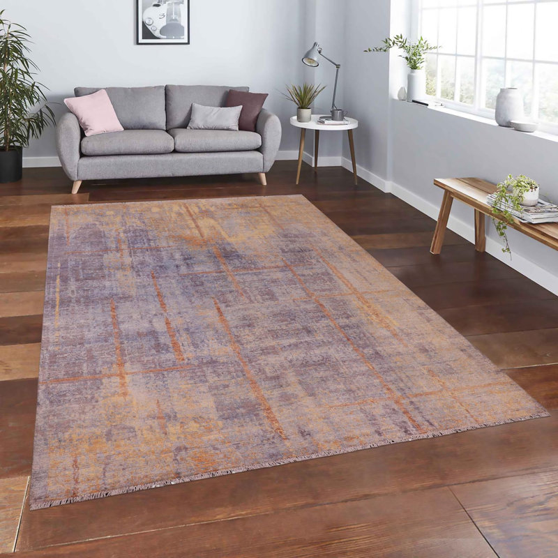 Tapis beige / bleu abstrait en laine noué à la main 7 pi 10 po x 9 pi 11 po Fransisc