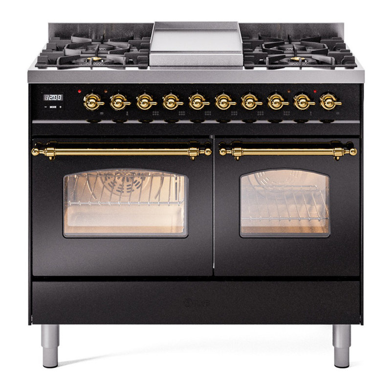 ILVE Nostalgie II Series 40 inch Dual Fuel Range with 6 Sealed Burners, Griddle (Glass Door), Natural Gas, Glossy Black/Brass