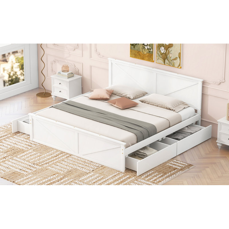 Lit plateforme en bois avec quatre tiroirs de rangement et pieds de support, Très grand lit, White