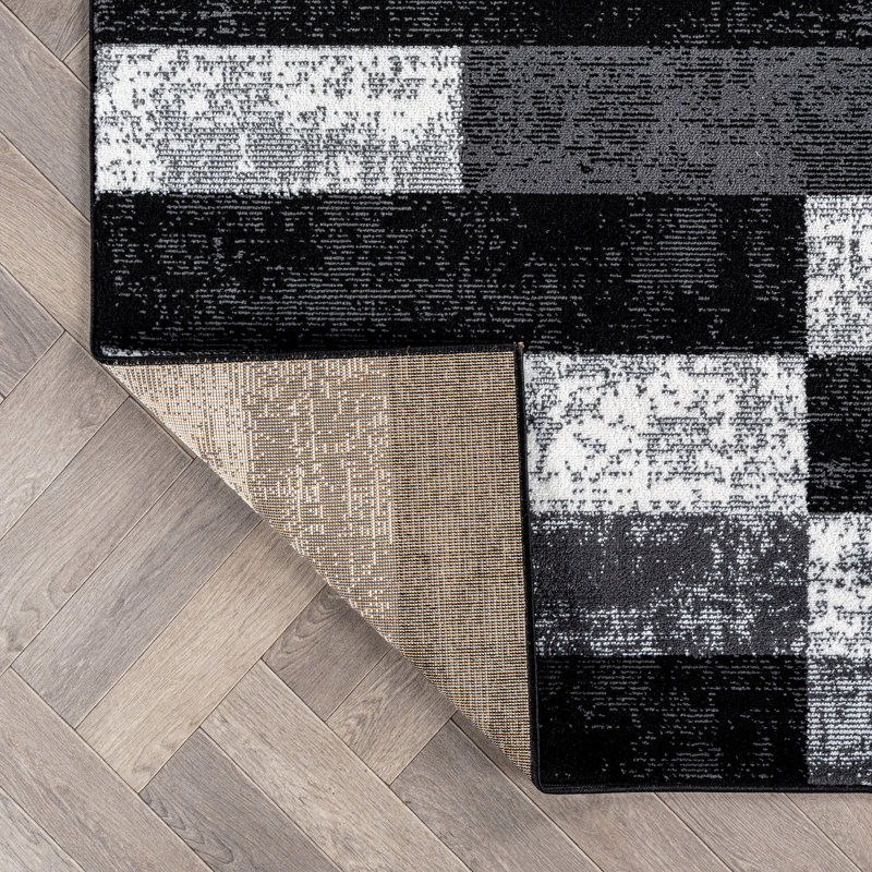 Abstract Grid Black/Gray Minimal Indoor Woven Area Rug, Rectangle 2' x 3'