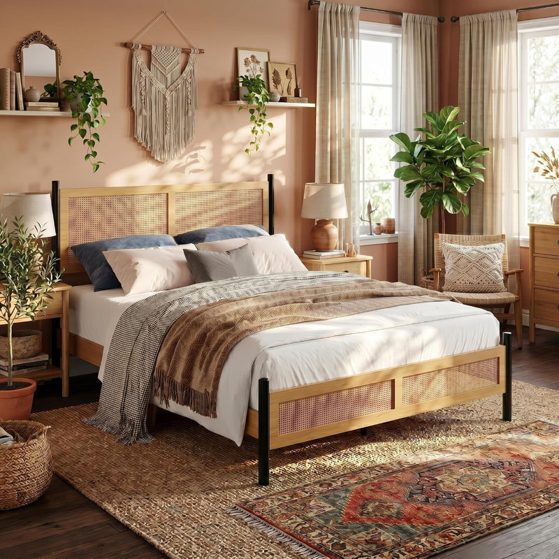 Cadre de lit avec tête de lit, cadre de lit double avec tête de lit et pied de lit en osier tressé à la main, cadre de lit double moderne Mid Century, lattes en bois, aucun sommier nécessaire