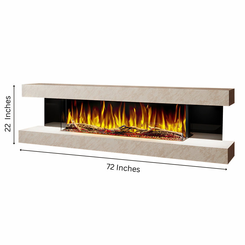 Vegas 72-Inch Wall Mounted Electric Fireplace | Venetian Stone | Fully Assembled | 3-Sided Panoramic Flame | Remote Control | Led Side Lights