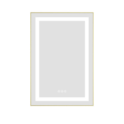 Miroir de salle de bain mural à DEL avec façade et rétroéclairage, 3 couleurs, mémoire, - brouillard, 20 po x 32 po, cadre en aluminium, brume dorée brossée réglable en continu