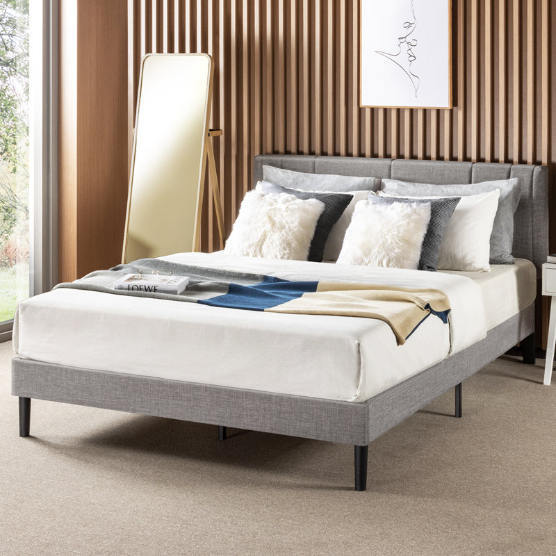Upholstered Platform Bed with Vertical Channel Tufting, King, Light Gray