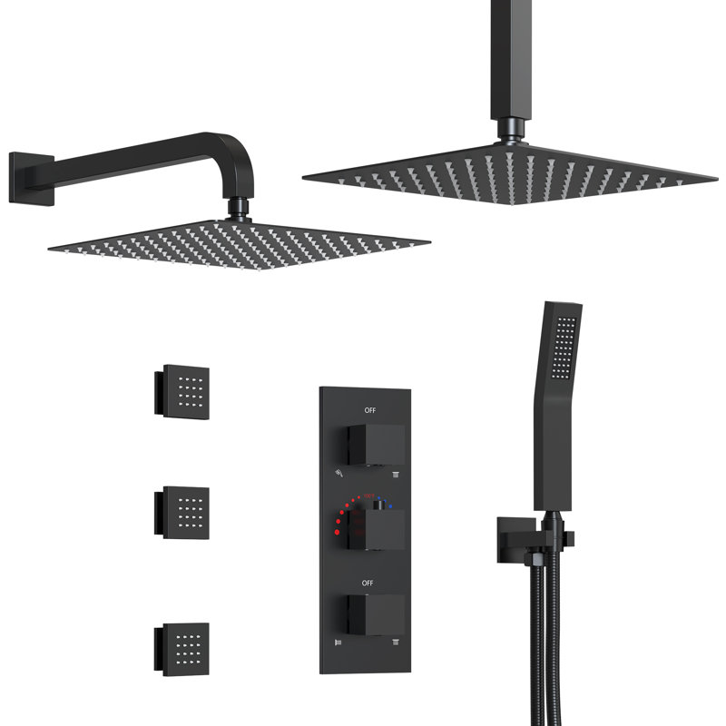 Système de pomme de douche thermostatique double, robinet de douche à pluie haute pression 12 "avec douchette et jet pour le corps