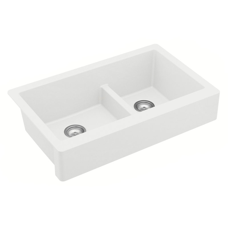 Karran Quartz 34'' X 21-1/4'' Double Bowl 60/40 Retrofit Farmhouse/Apron Front Kitchen Sink Kit, White