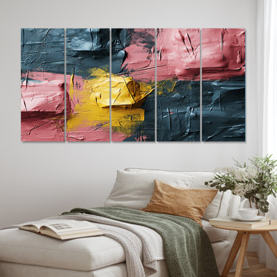 "Réjouir en amour", peinture abstraite sur toile rose et or - 5 panneaux égaux