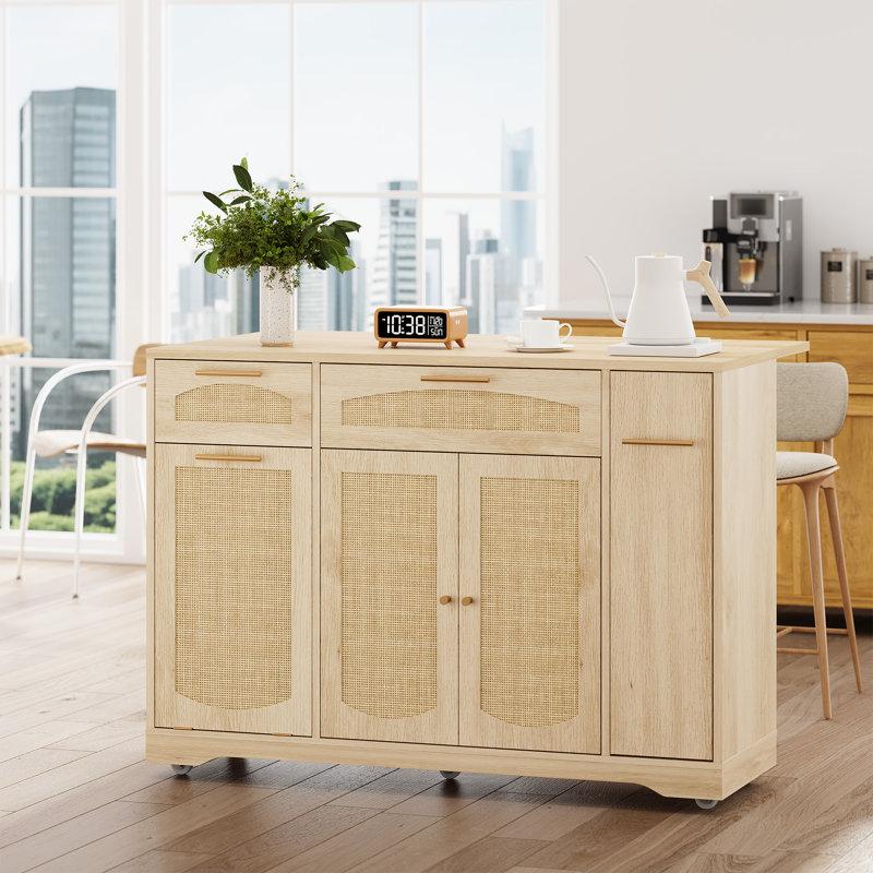 53.1" Kitchen Island on Wheels, Rattan Rolling Kitchen Island Cart with Drop Leaf Breakfast Bar, Tilt Out Trash Can Cabinet