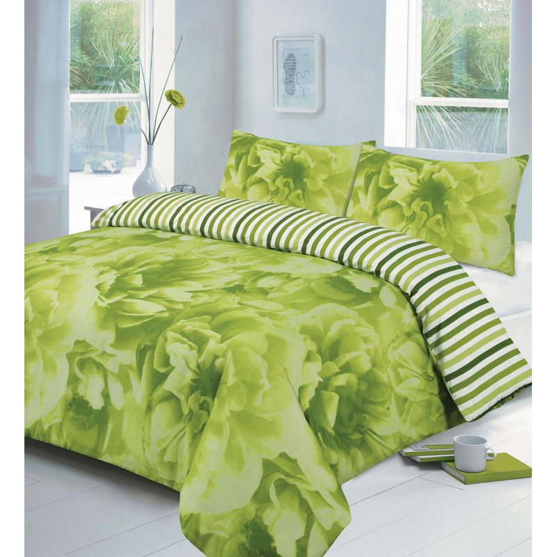 Cotton Blend Floral Duvet Cover Set with Pillowcases Included, Green, Kingsize + 2 Standard Pillowcases