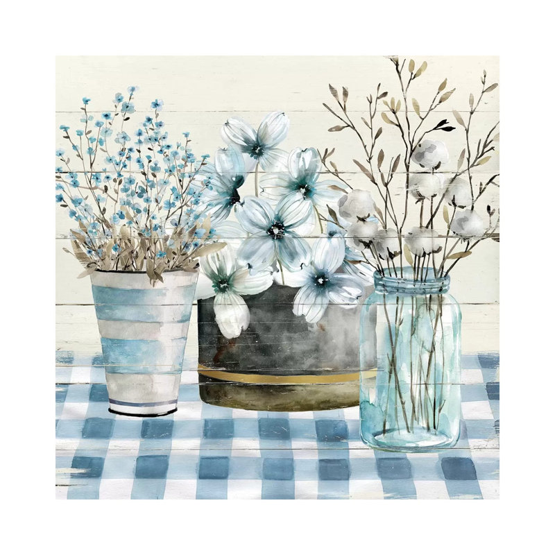 «Blue Farmhouse» par Carol Robinson - reproduction imprimée, H 12 po x l 12 po x P 0,75 po, Toile tendue, Pas de tapis