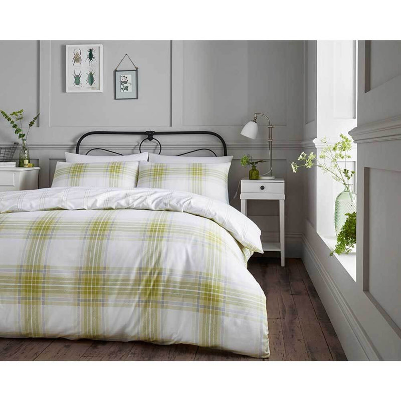 Scholl Chequered Duvet Cover Set with Pillowcases, Green, Kingsize Duvet Cover + 2 Standard Pillowcases