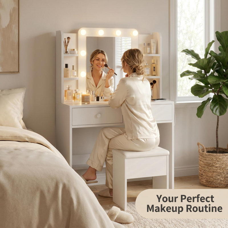 White Vanity with Lighted Mirror, Power Outlets and Storage Stool, 6 Open Shelves and 2 Drawers, White