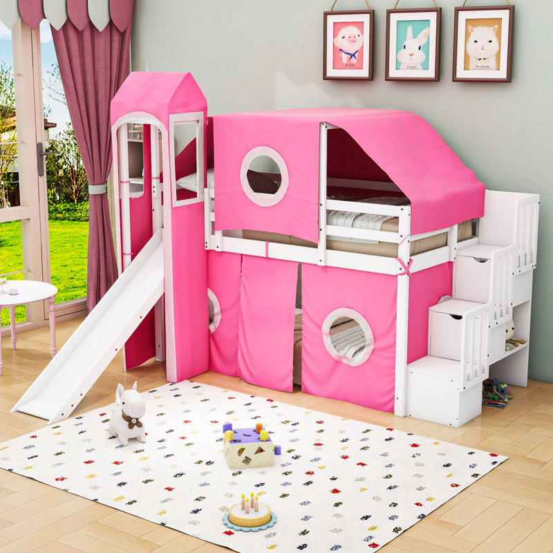 Jaleana Slat Loft Bed with Bookcase, Pink, Twin