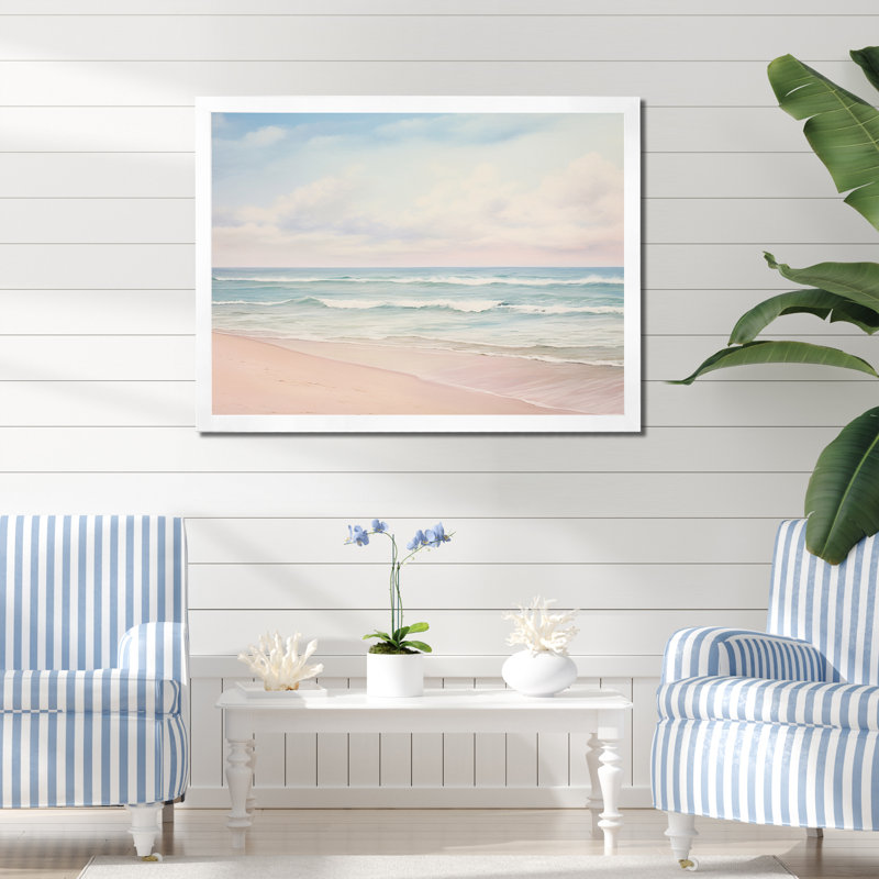 «Ocean Tranquility Tender Pink Pastel Sunrise - Coastal Beach», reproduction d'art sur toile, H 16 po x l 32 po, Blanc