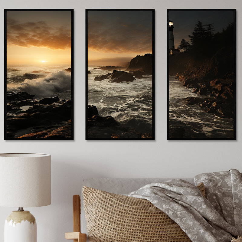 «Coastal Light House Panorama», ensemble de reproduction d'art mural, Cadre flottant noir, H 32 po x l 48 po x P 1 po