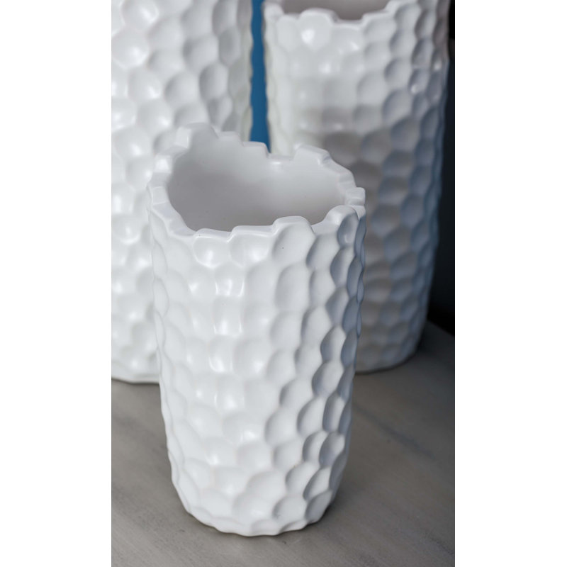 Porcelain Ceramic Decorative White Vase with Hammered Design, 9" H