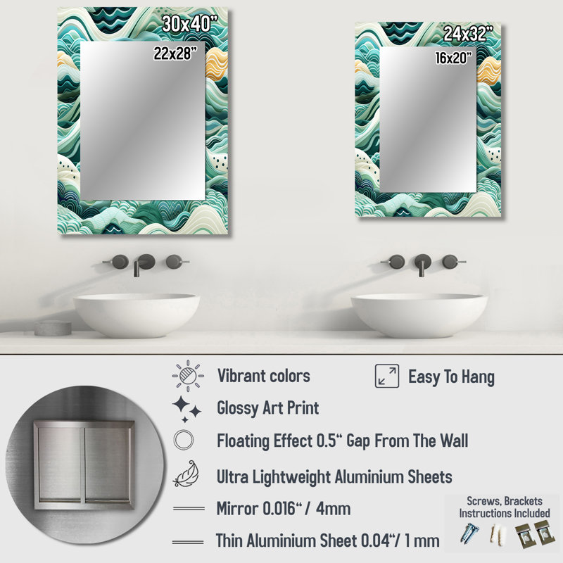 Coastal Chevron Green Waves Pattern - Coastal Wall Mirror, Green Decorative Mirror, Printed Metal Art, 40" x 30"