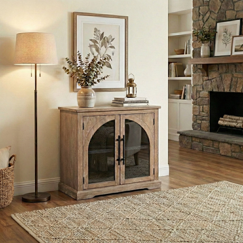 Petite armoire Elena en bois noir avec portes en verre arquées, Umbra/Oak Grove