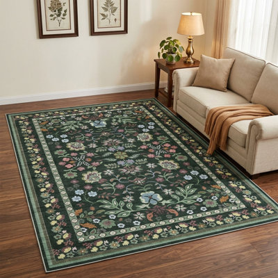 Tapis d'intérieur bohème vintage à motifs floraux, lavable, doux et résistant aux taches, facile à nettoyer, avec envers en caoutchouc antidérapant, à poils courts, idéal pour le salon, la chambre et l'entrée.