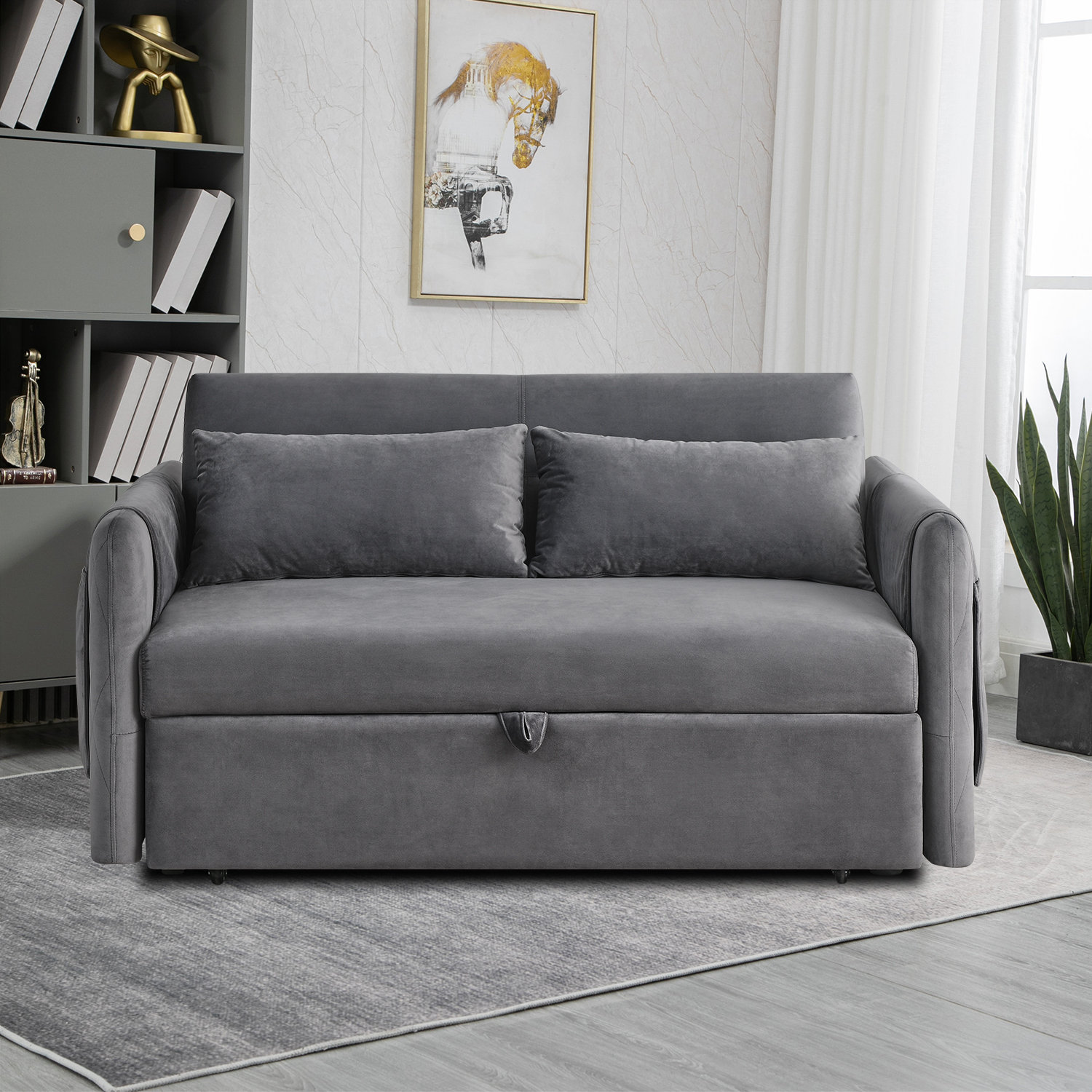 Mercer41 Velvet Sofa Bed with Two Pillows and Adjustable Backrest ...