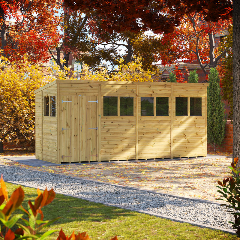 Powersheds 16 x 6ft Premium Pressure Treated Timber Pent Garden Shed, Double Doors
