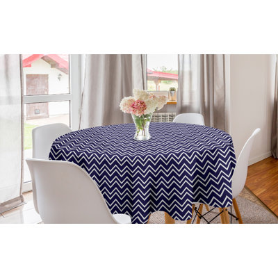 Navy Blue Round Tablecloth, Navy Blue Color Background With Zig Zag Patterned Modern Design Artwork, Circle Table Cloth Cover For Dining Room Kitchen Decoration, 60", Navy Blue And White