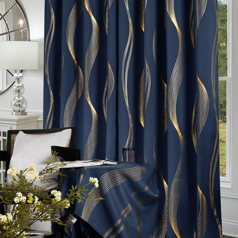 Geometric Blackout Thermal Curtain Pair, 52" W x 63" L, Navy Blue