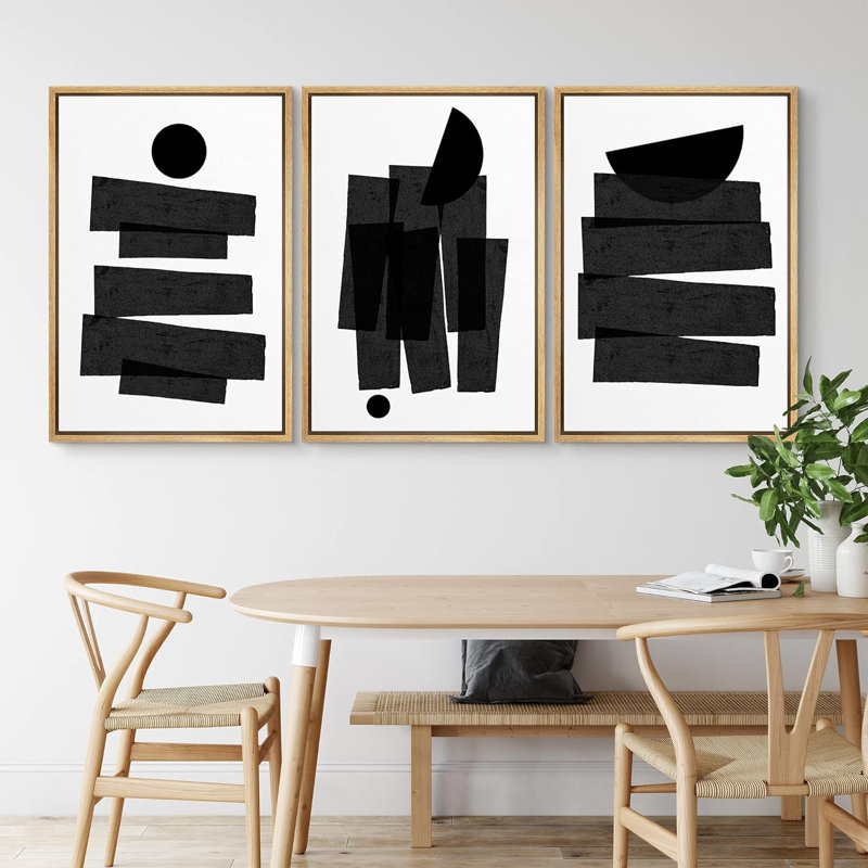 «Cercles et lignes unies, formes abstraites, art moderne contemporain, noir et blanc, art dramatique» - 3 pièces, Naturel