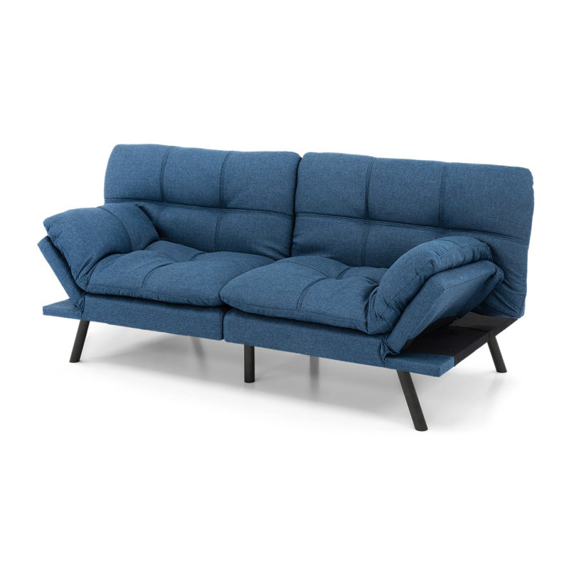 Futon Sofa Bed With Foam & Removable Armrests - 2-4 Seater, Blue