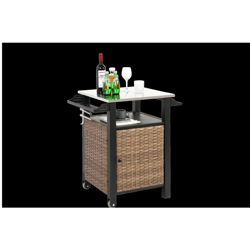 Armoire de rangement à roulettes à une porte avec îlot de cuisine en osier pour l'extérieur avec roulettes et table d'extension en acier inoxydable, poignée latérale pour la cuisine ou le bar sur le patio, brun