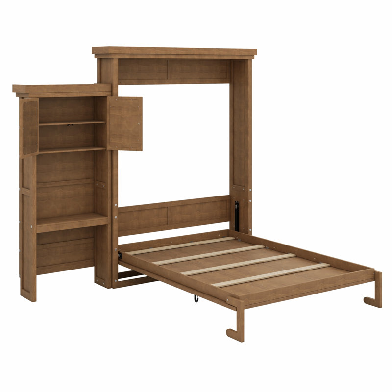 Lit escamotable minimaliste avec tablettes décoratives et de rangement à persiennes, Wood