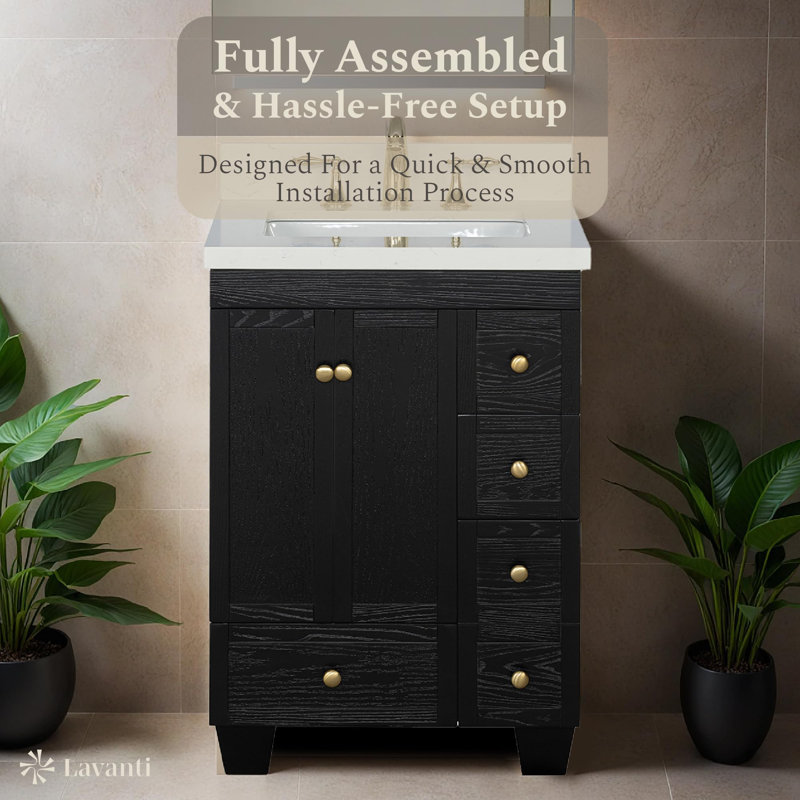 Lavanti Depos 24 Inch Bathroom Vanity with Sink – 100% Premium Solid Wood, Stylish Firwood Black Oak Vanity Bathroom with Storage Cabinet – Modern Bathroom Vanities with Single Vanity Sink & 1.5" Quartz Countertop