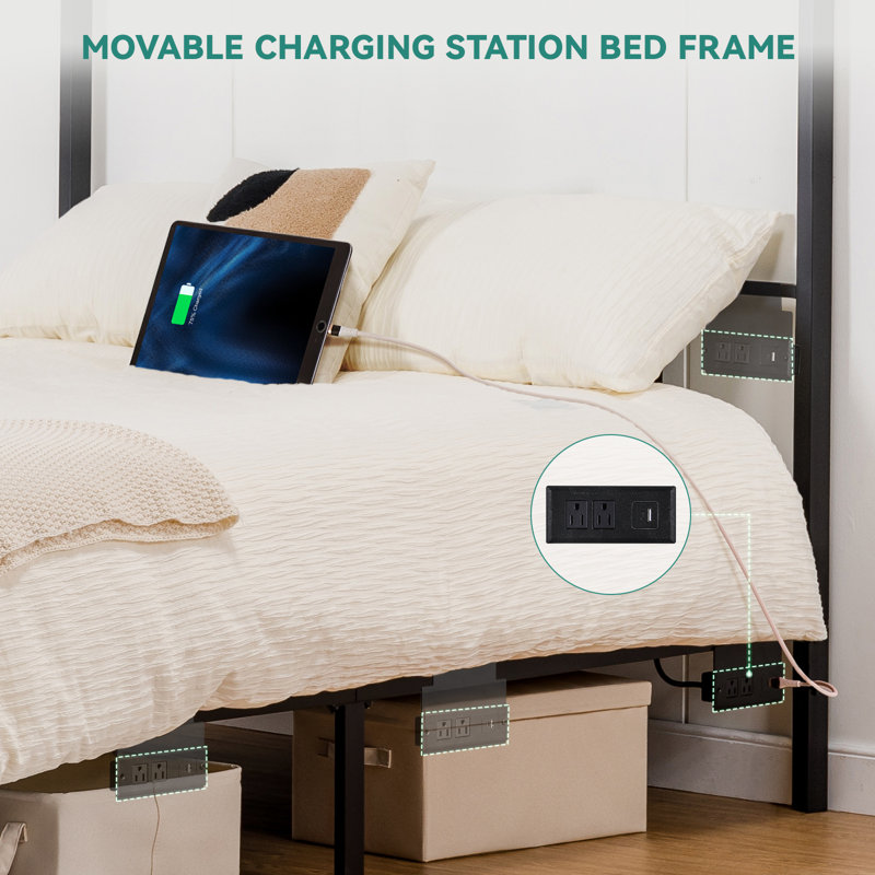Canopy Bed Frame, Metal Bed Frame With Movable Charging Station, Four-Poster Canopy Bed With Built-In Headboard And Under Bed Storage Space, No Box Spring Needed, Easy Assembly, Black