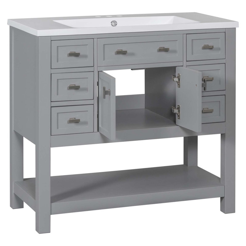 Meuble-lavabo moderne avec lavabo supérieur, 2 portes à fermeture douce et 6 tiroirs, Gris